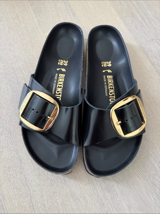 Birkenstock Shoes - Birkenstock Black Patent Madrid Slides with Gold Buckles